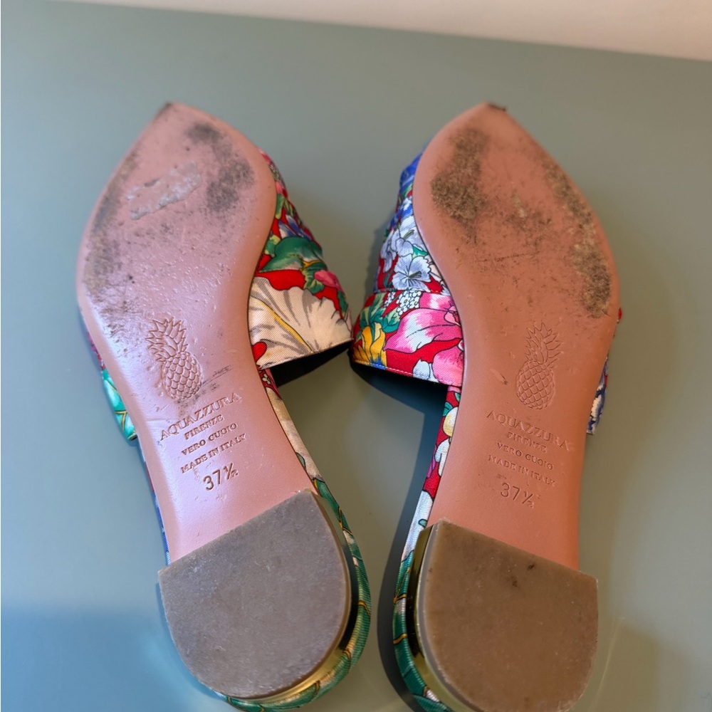 Aquazzura Firenze Denim Floral Pointed Toe Mule Flats Size 37.5 - Picture 6 of 7